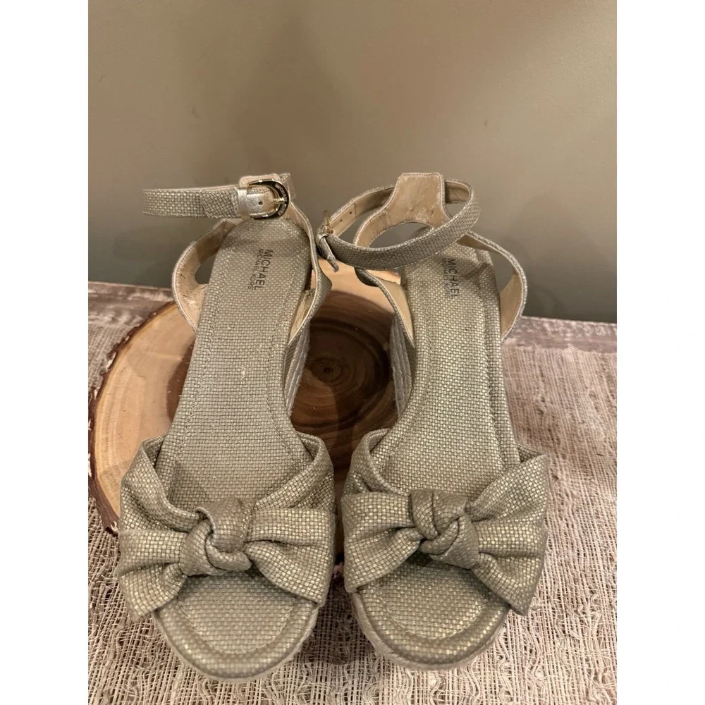Michael Michael Kors Maxwell Mid Wedge Sandals Gold Ankle Strap Knotted